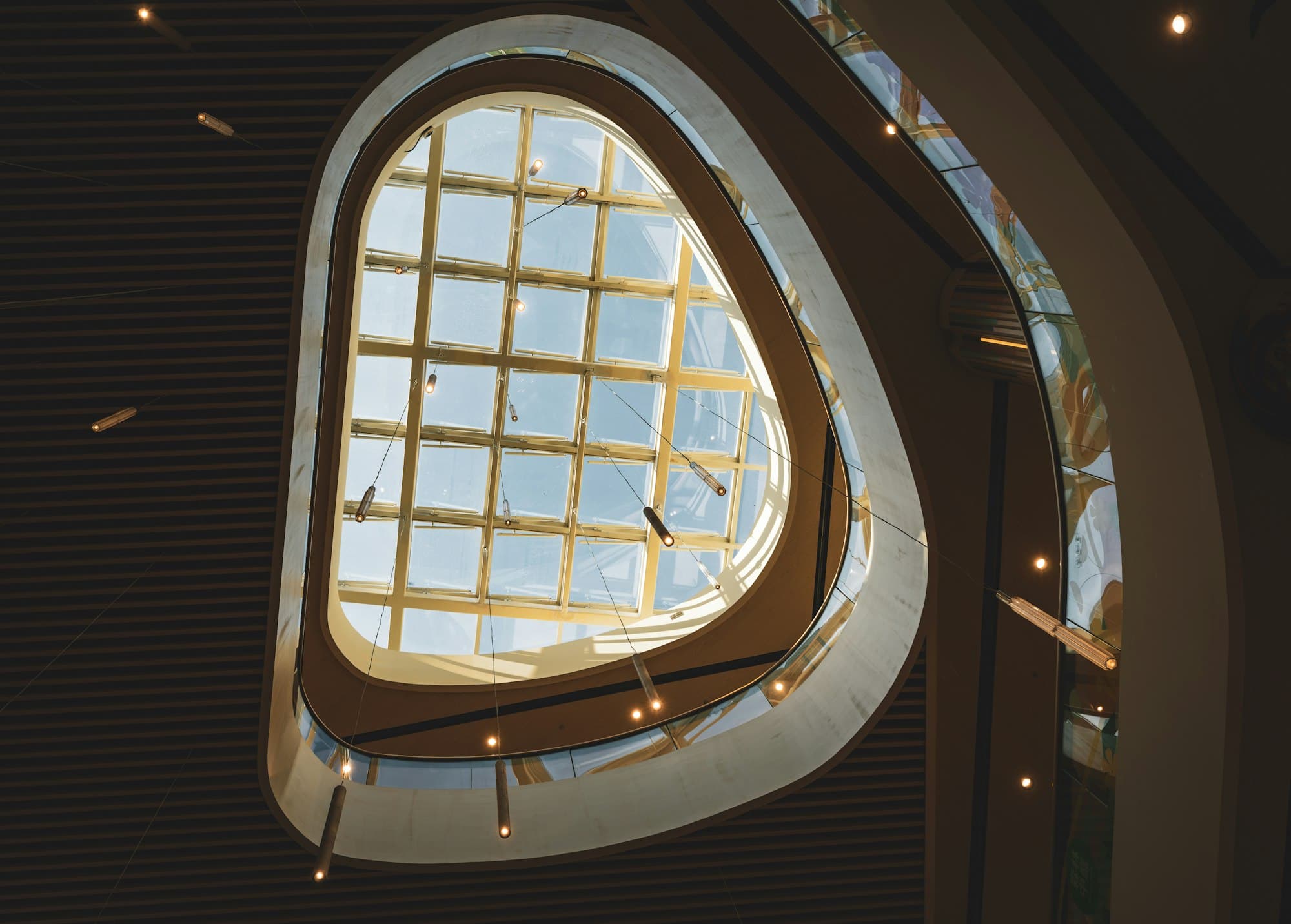A geometric skylight inside a modern building